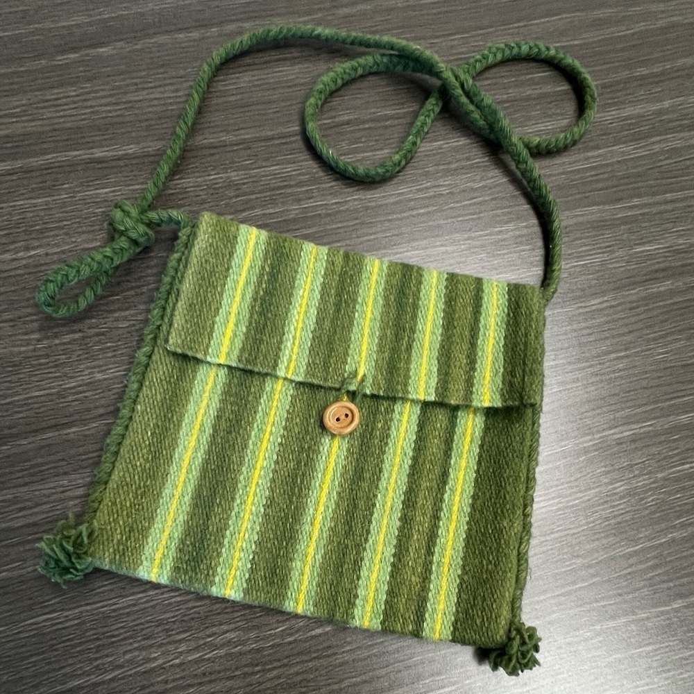 Wool Cross body satchel. Green Yellow Button closure. Hippee Wall Flower